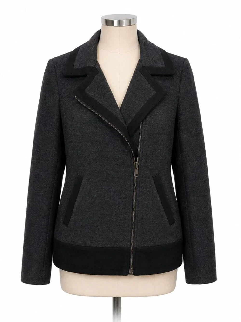 **J.Crew Stretch Wool Motorcycle Jacket Gray Black Moto Style 07569 Size 2**